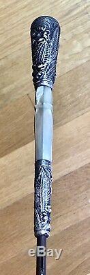 Antique Vintage 19C Walking Stick Cane Sterling Silver 925 Mother Of Pearl 34.5