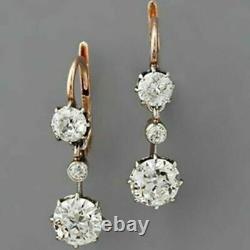 Antique Vintage Art Deco 3.55Ct Diamond Dangle Lever Back 14K Gold Over Earrings