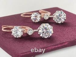 Antique Vintage Art Deco 3.55Ct Diamond Dangle Lever Back 14K Gold Over Earrings