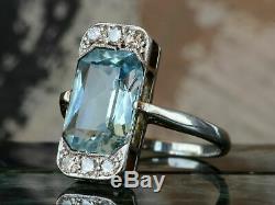Antique Vintage Art Deco 5.65 Ct Aquamarine Engagement Ring 14K White Gold Over