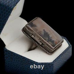 Antique Vintage Art Deco 925 Sterling Silver Picture Agate HUGE Poison Ring Sz 6