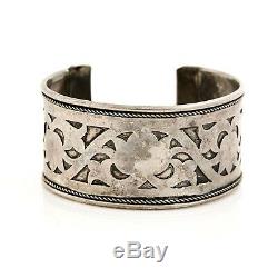 Antique Vintage Art Deco Sterling Silver Lotus Flower Mughal 7.25 Cuff Bracelet