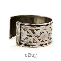 Antique Vintage Art Deco Sterling Silver Lotus Flower Mughal 7.25 Cuff Bracelet