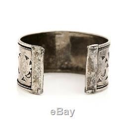 Antique Vintage Art Deco Sterling Silver Lotus Flower Mughal 7.25 Cuff Bracelet