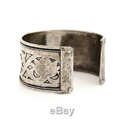 Antique Vintage Art Deco Sterling Silver Lotus Flower Mughal 7.25 Cuff Bracelet