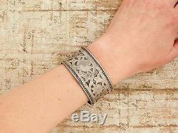 Antique Vintage Art Deco Sterling Silver Lotus Flower Mughal 7.25 Cuff Bracelet