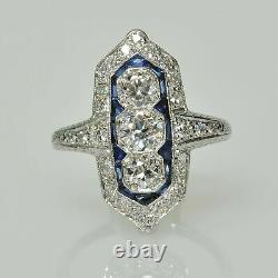 Antique Vintage Art Deco Wedding Ring 2.28 Ct Blue Sapphire 14K White Gold Over