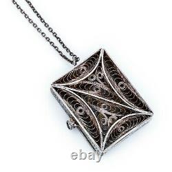 Antique Vintage Art Nouveau 835 Sterling Silver Filigree Locket Necklace 9.6g