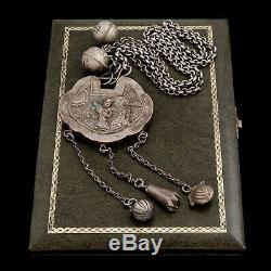 Antique Vintage Deco Sterling Silver Chinese Nature Scene Acorn Rattle Necklace