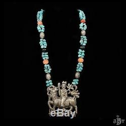 Antique Vintage Deco Sterling Silver Chinese Turquoise Kylin Rider Necklace