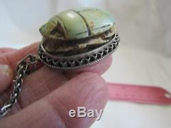 Antique Vintage Egyptian Revival Scarab Sterling Silver Green Pendant Bracelet