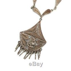 Antique Vintage Nouveau Sterling 800 Silver Egyptian Filigree Pendant Necklace