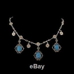 Antique Vintage Nouveau Sterling Silver Etruscan Lapis Lazuli Festoon Necklace