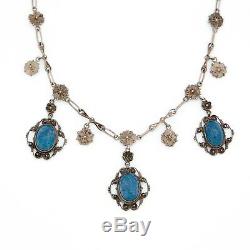 Antique Vintage Nouveau Sterling Silver Etruscan Lapis Lazuli Festoon Necklace