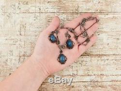 Antique Vintage Nouveau Sterling Silver Etruscan Lapis Lazuli Festoon Necklace