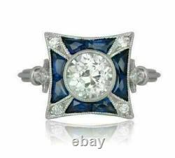 Antique Vintage Retro Engagement Ring 2Ct Diamond & Sapphire 14K White Gold Over
