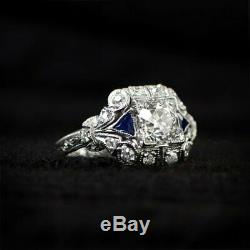 Antique Vintage Sapphire Engagement Wedding Ring 2Ct VVS1 Diamond 14K White Gold
