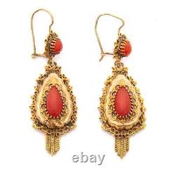 Antique Vintage Simulated Coral Pear Cut Dangle Earrings Sterling Silver 925