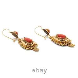 Antique Vintage Simulated Coral Pear Cut Dangle Earrings Sterling Silver 925