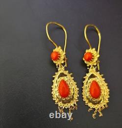 Antique Vintage Simulated Coral Pear Cut Dangle Earrings Sterling Silver 925