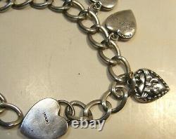 Antique Vintage Sterling Silver Puffy Heart Charm Bracelet 9 Charms Heart Catch