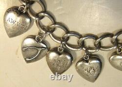 Antique Vintage Sterling Silver Puffy Heart Charm Bracelet 9 Charms Heart Catch