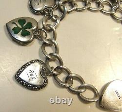 Antique Vintage Sterling Silver Puffy Heart Charm Bracelet 9 Charms Heart Catch