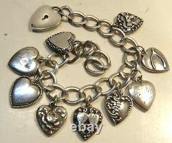 Antique Vintage Sterling Silver Puffy Heart Charm Bracelet 9 Charms Heart Catch