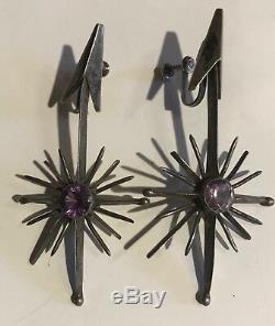 Antonio Pineda Big Vintage Mexico Sterling Amethyst Star & Arrow Dangle Earrings