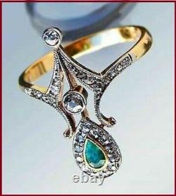 Art Deco 2Ct Pear Shape Emerald, Diamond Vintage&Antique Ring 14K Yellow Gold FN