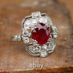 Art Deco 3.20Ct Red Ruby & Diamond 925 Sterling Silver Vintage Engagement Ring