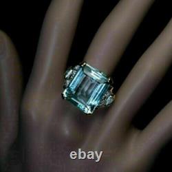 Art Deco 7.20 Ct Emerald Cut Aquamarine Vintage Wedding Ring 14K Yellow Gold FN