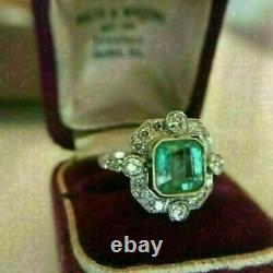 Art Deco Vintage 3.80 CT Green Emerald Antique Anniversary Wedding Silver Ring