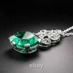 Art Deco Vintage 8 Ct Emerald & Diamond Pendant Necklace In 925 Sterling Silver