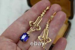 Art Deco Vintage 925 Sterling Silver Dangle Earrings Lab Created Blue Sapphire