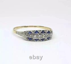 Art Deco Vintage Style Lab-Created Diamond Sapphire 14k Gold FN Engagement Ring