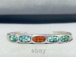 Authentic Vintage Navajo Turquoise Coral Sterling Silver Bracelet