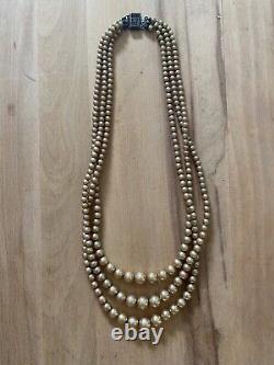 Beautiful Vintage Estate Sterling Silver Pearl Three Strand Choker Necklace