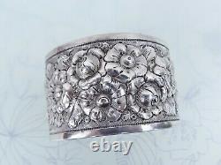 Big sterling silver heavy floral repousse antique cuff bracelet