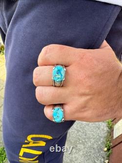 Blue Genuine Turquoise Mens Real Solid 925 Sterling Silver Signet Oval Ring
