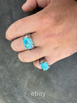 Blue Genuine Turquoise Mens Real Solid 925 Sterling Silver Signet Oval Ring