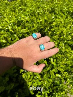 Blue Genuine Turquoise Mens Real Solid 925 Sterling Silver Signet Oval Ring