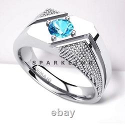 Blue Topaz Round Cut With 925 Sterling Silver Ring For Men's #D446