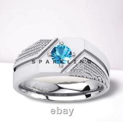 Blue Topaz Round Cut With 925 Sterling Silver Ring For Men's #D446