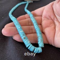 Blue Turquoise Heishi Sterling Silver Necklace Navajo Pearls Stab Graduated 1184