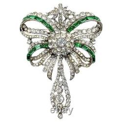 Bow Design Syn Emerald Vintage Style Brooch 925 Sterling Silver Antique Jewelry