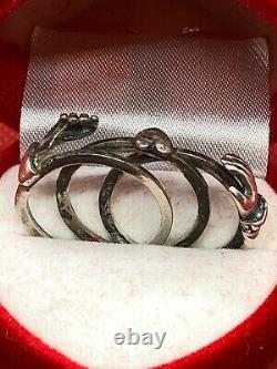 C19th Victorian Solid Sterling Silver Fede Gimmel Ring Size O, US=7. 4.6g