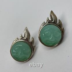 Carved chrysoprase face Sterling Silver Vintage Earrings