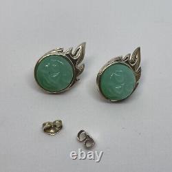 Carved chrysoprase face Sterling Silver Vintage Earrings