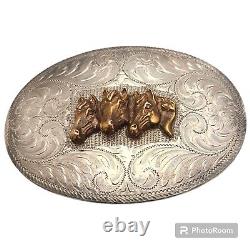 Diablo Vintage Sterling Silver Engraved Belt Buckle with 3 Horse Heads